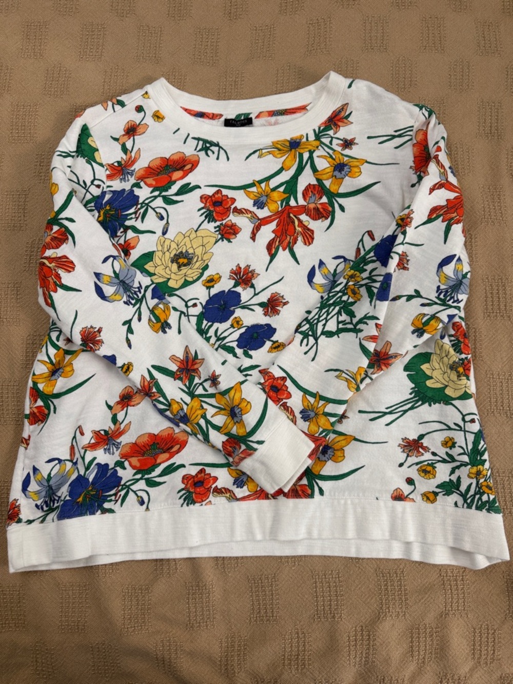 Talbots White Floral Crewneck Sweatshirt with Red, Yellow & Blue Blooms